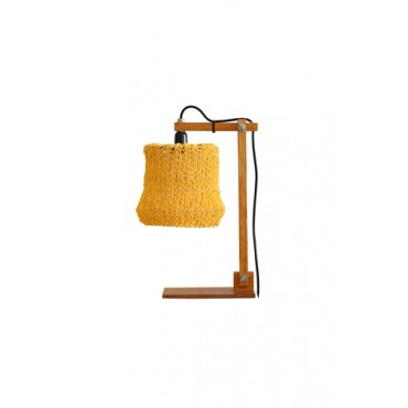 Luminária Articulada de Mesa com Base de Madeira e Cúpula de Barbante Ecológico Amarela