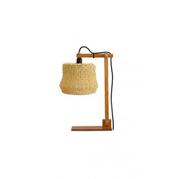 Luminária Articulada de Mesa com Base de Madeira e Cúpula de Barbante Ecológico Amarela e Branco