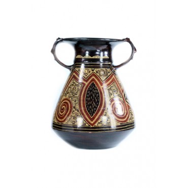 Vaso Decorativo de Cerâmica Marajoara Marrom Escuro e Ocre