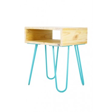 Mesa Lateral Nicho em Madeira Maciça Pinus - Coleção Hairpin Elegance - Turquesa