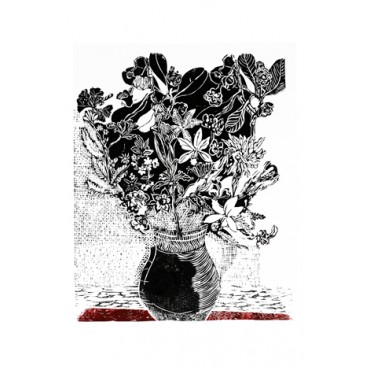 Xilogravura Vaso com Flores Faixa Vermelha by Rafael Cão (66 cm x 50 cm)