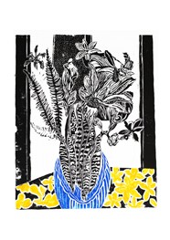 Xilogravura Vaso Azul com Flores by Rafael Cão (66 cm x 50 cm)