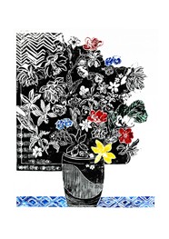 Xilogravura Vaso com Flores Faixa Azul by Rafael Cão (66 cm x 50 cm)