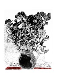 Xilogravura Vaso com Flores Faixa Vermelha by Rafael Cão (66 cm x 50 cm)