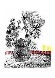 Xilogravura Vaso com Flores Vermelho e Amarelo by Rafael Cão (66 cm x 50 cm)
