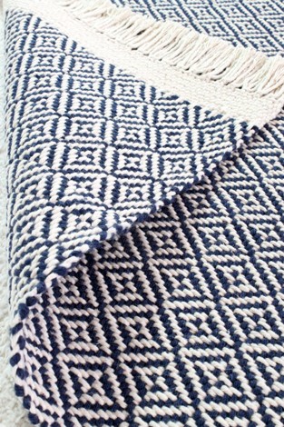 Tapete Passadeira Em Tear Manual Geometrico Azul Marinho 47cm X